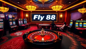 Excited players enjoying Fly 88 casino games at luxurious tables with vibrant slot machines.
