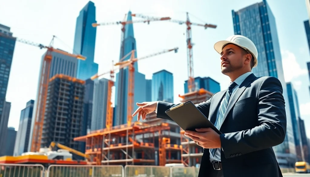 New York City Construction Manager supervising a lively construction site in Manhattan.