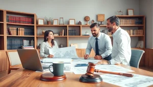 Engaged real estate lawyer consulting with clients in a modern office environment.