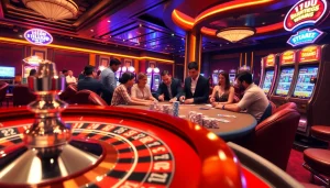 Experience the thrill of 11UU with lively gamblers enjoying poker and roulette in a luxurious casino.
