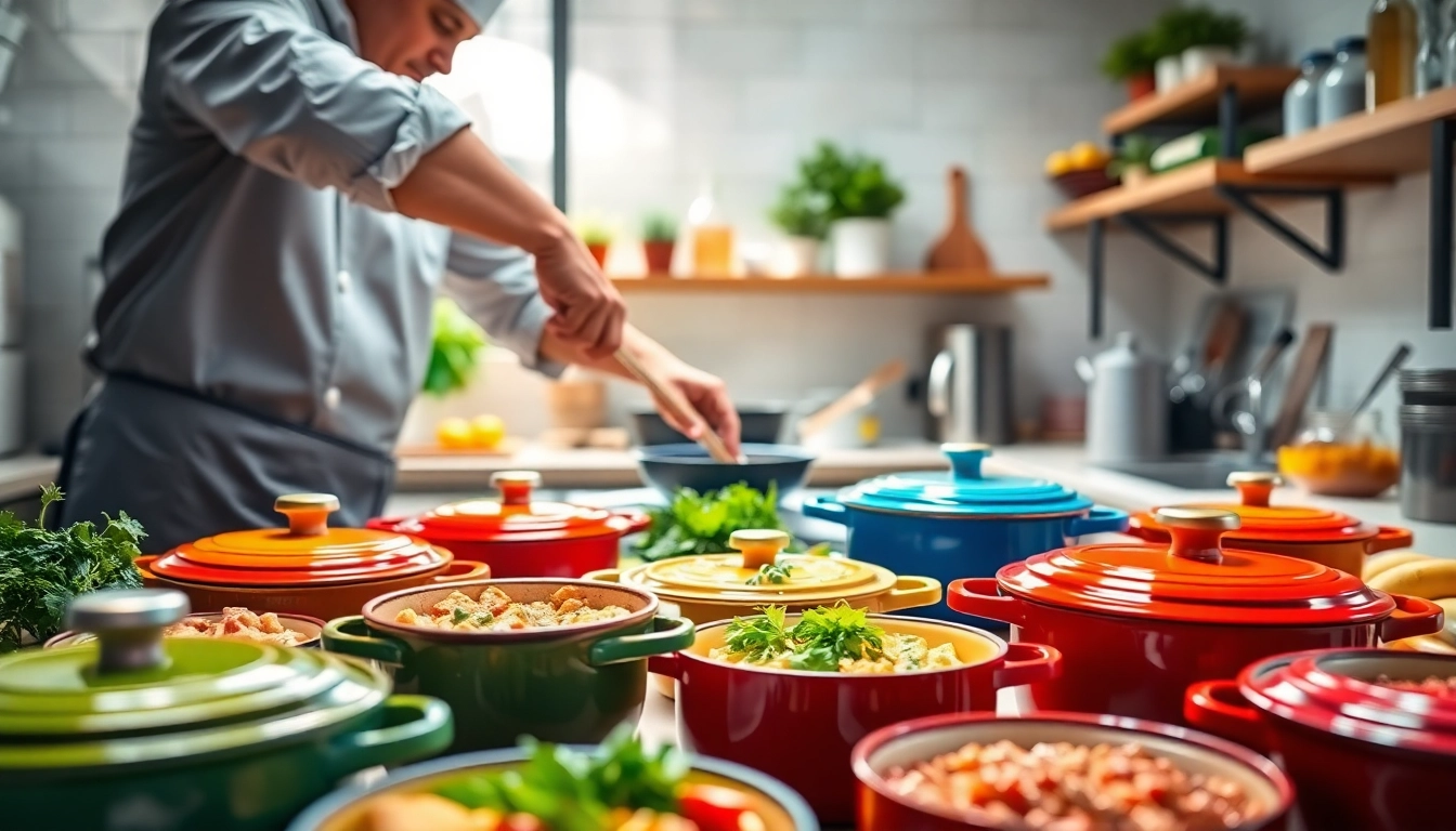 Cooking with vibrant Le Creuset NZ cookware in a modern kitchen.