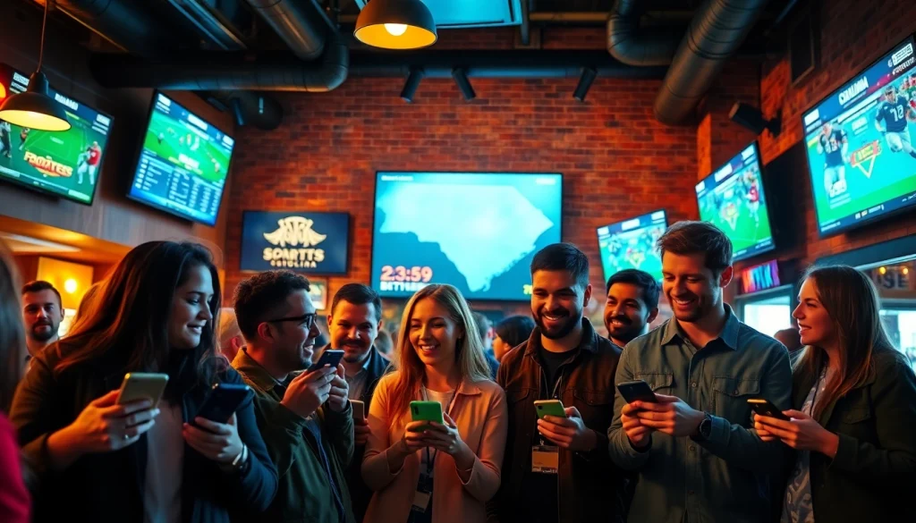 Engaged fans enjoying sports betting apps South Carolina in a lively sports bar atmosphere.