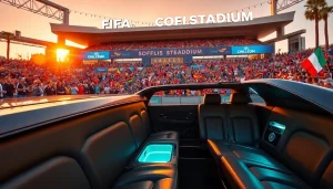 World Cup Group Transportation in Los Angeles with a luxurious limousine outside SoFi Stadium, showcasing fans and vibrant banners.