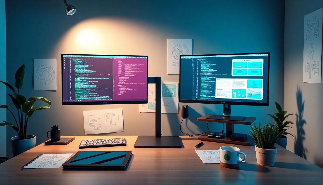 Professional workspace featuring web design elements illustrating thiết kế website theo yêu cầu with coding screens and sketches.