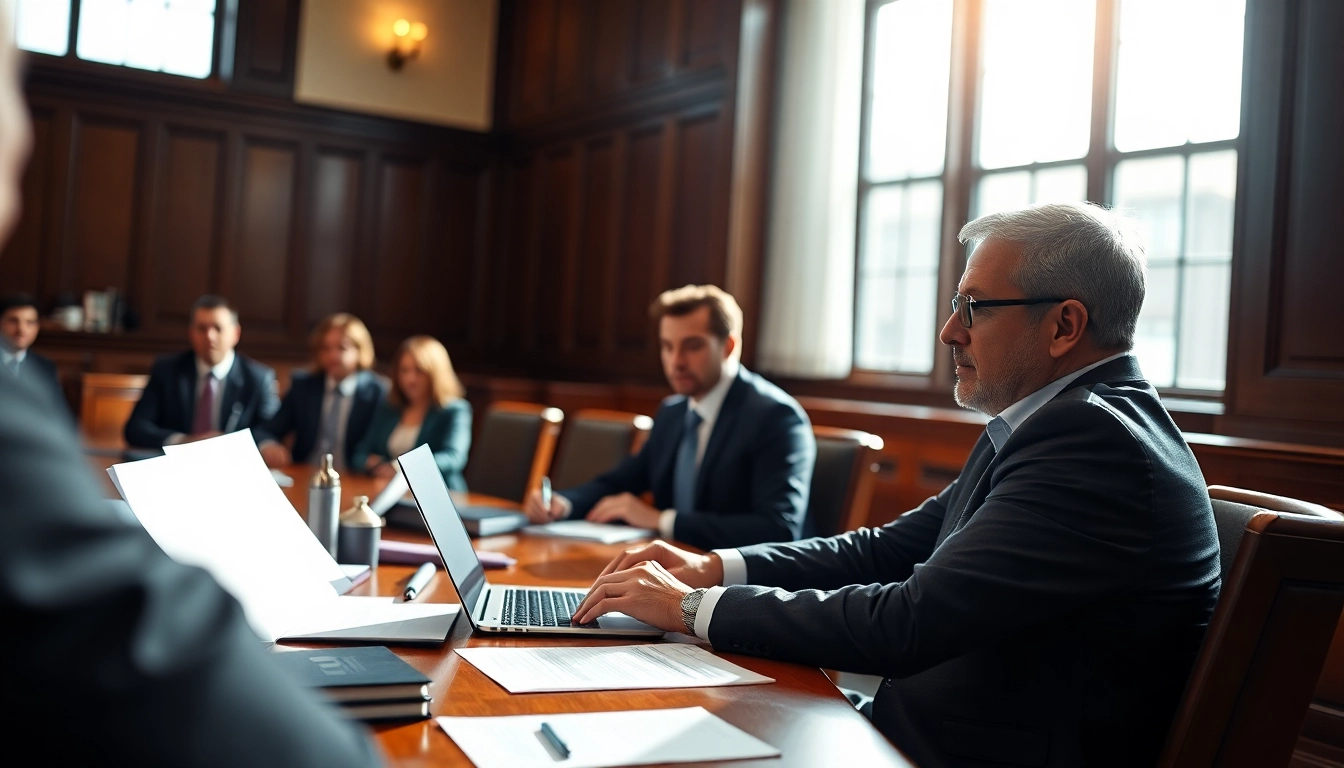 Professional soudní překladatel working in a bright courtroom setting, focusing on legal documents.