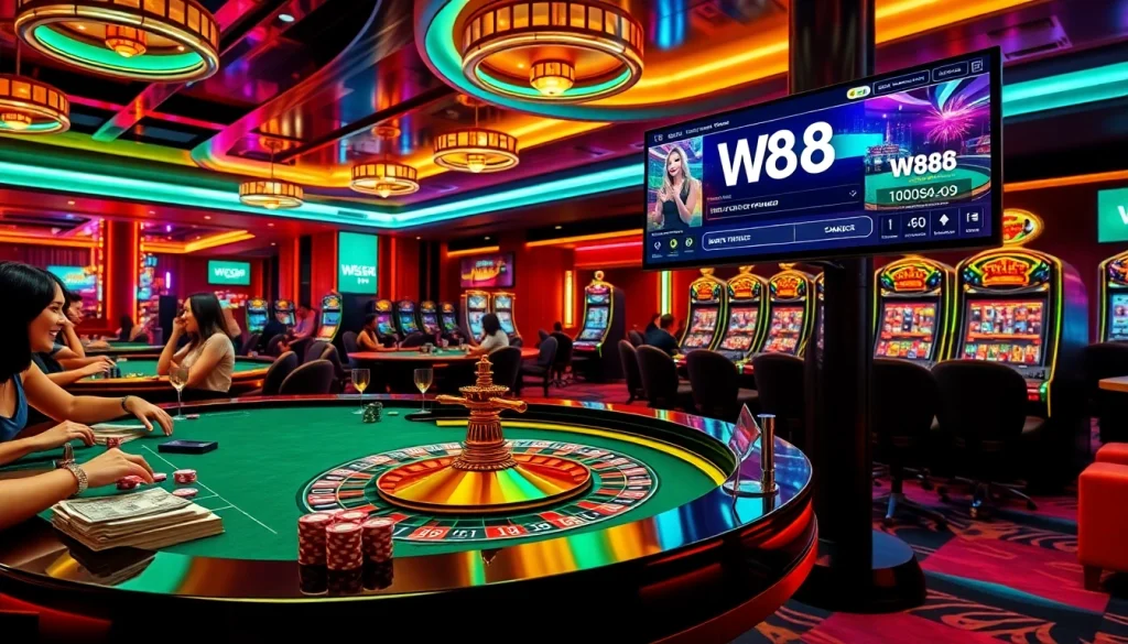 Experience the thrill of betting at W88 link with a vibrant casino atmosphere showcasing roulette and slot machines.