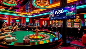 Experience the thrill of betting at W88 link with a vibrant casino atmosphere showcasing roulette and slot machines.