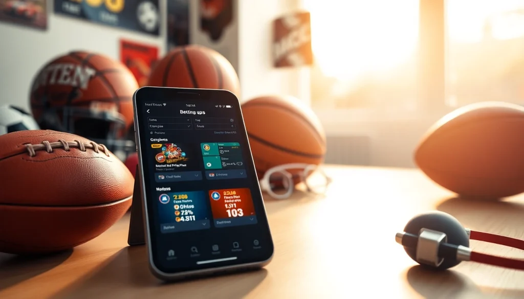 View of sports betting apps Georgia on a smartphone surrounded by sports memorabilia.