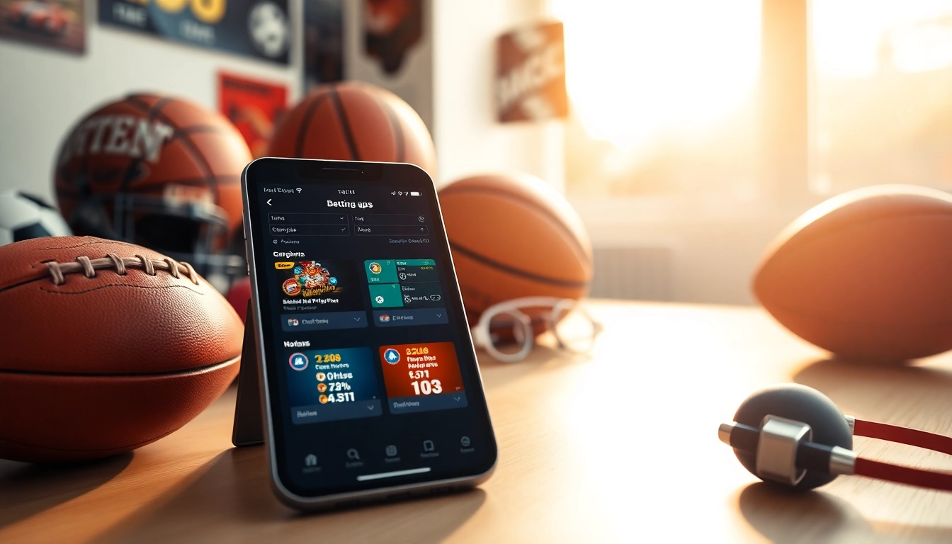 View of sports betting apps Georgia on a smartphone surrounded by sports memorabilia.