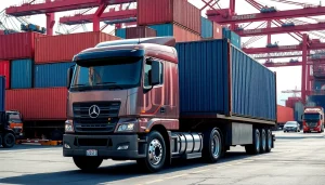 Drayage operation with a truck loading cargo at a busy port, showcasing transportation efficiency.