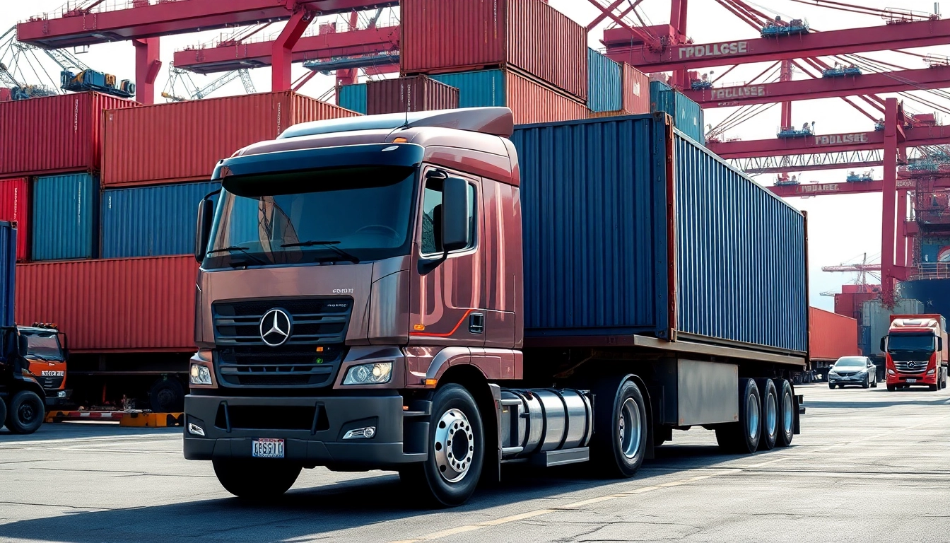 Drayage operation with a truck loading cargo at a busy port, showcasing transportation efficiency.