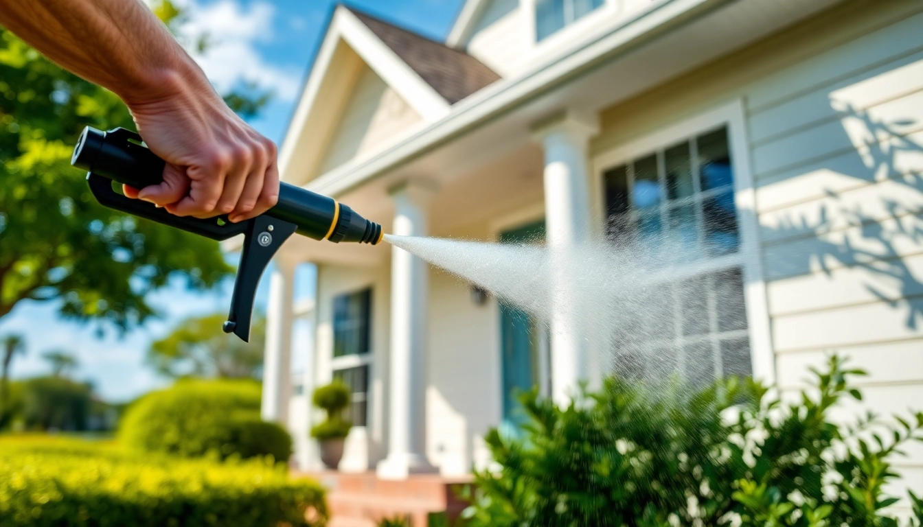 Soft wash pressure washing technician cleaning the exterior of a home with biodegradable solution in Kissimmee, FL.