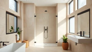 Showcase sunney shower doors installed in a stylish modern bathroom for a clean look.