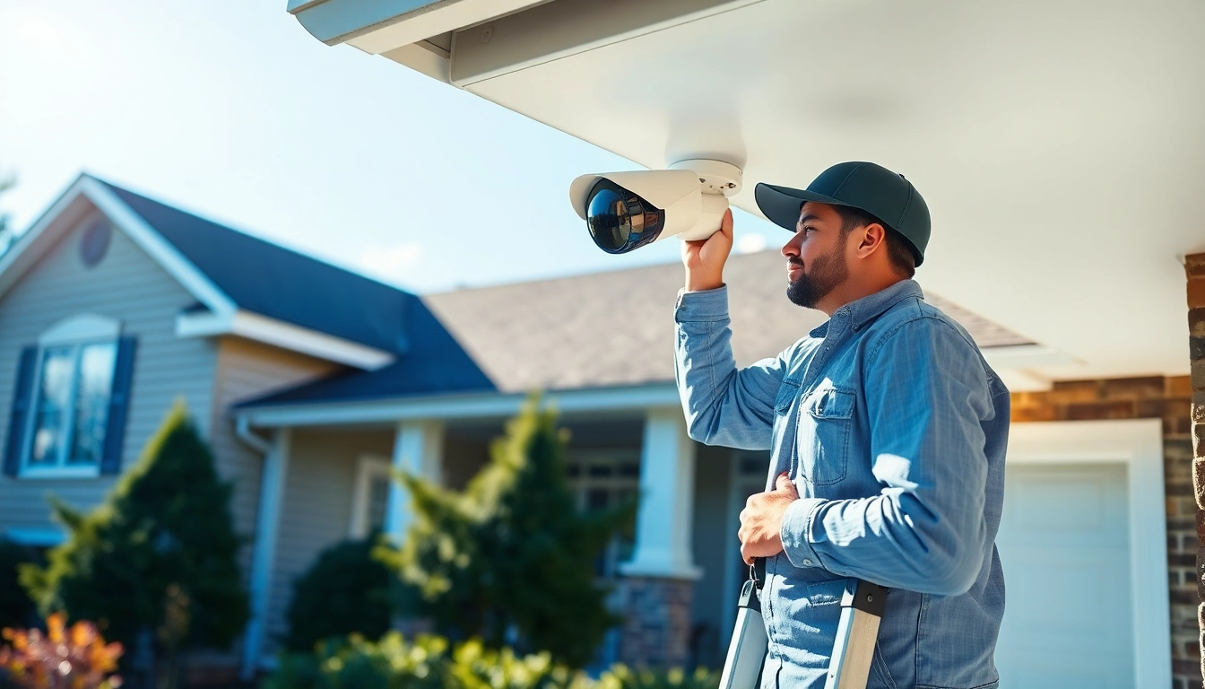 CCTV installer in Little Rock, AR adjusting a camera at a residential property, showcasing professional security services.