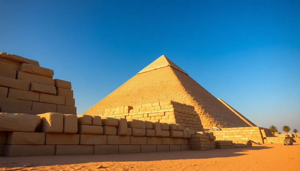 View of the Great Pyramids of Giza at https://piraminds.com/ showcasing intricate architectural details against a clear sky.