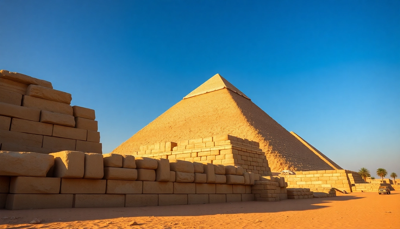 View of the Great Pyramids of Giza at https://piraminds.com/ showcasing intricate architectural details against a clear sky.