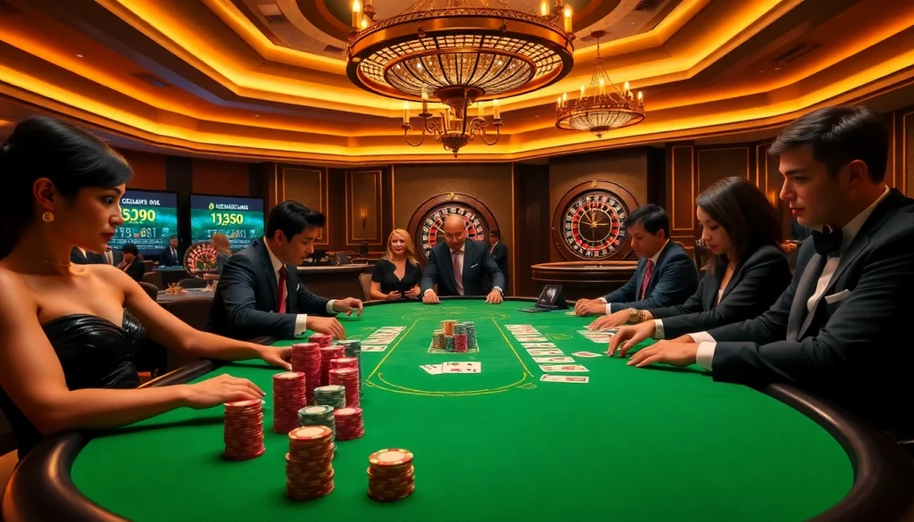 Players enjoying a thrilling game of J88 poker at a luxurious casino table full of chips and cards.