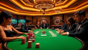 Players enjoying a thrilling game of J88 poker at a luxurious casino table full of chips and cards.