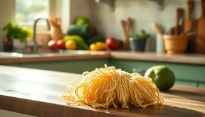 Clean and sustainable kitchen loofah scrubber on a rustic countertop with fresh vegetables.