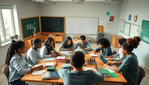 Education-focused classroom scene with diverse students collaborating on knowledge-sharing activities.
