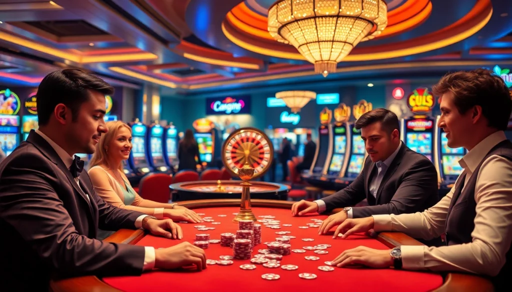 Exciting casino environment featuring players at 555win com poker table with vibrant lights and roulette wheel.