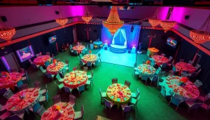 Las Vegas Party Rentals setup with elegant tables, vibrant decorations, and festive ambiance.