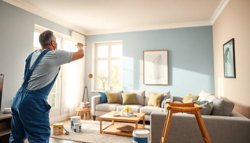 Painters and Interior Painting Companies at work in a cozy living room, showcasing a professional applying fresh paint.
