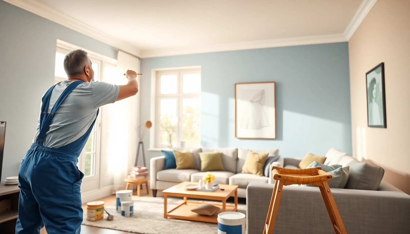 Painters and Interior Painting Companies at work in a cozy living room, showcasing a professional applying fresh paint.