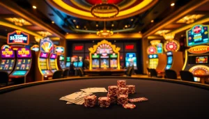 Players enjoying high-stakes games at 555win casino with vibrant slot machines and poker tables.