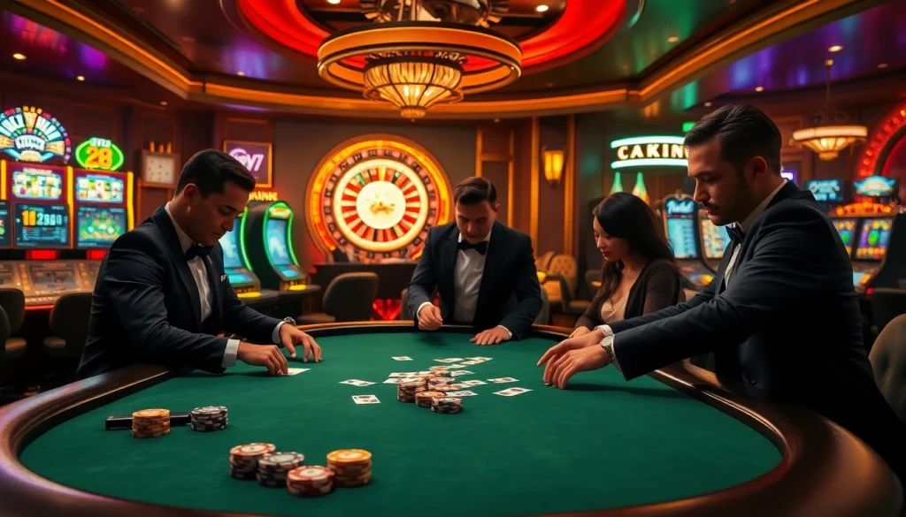 Engaging poker players at a luxurious casino table with vibrant gaming elements showcasing https://ev882.sa.com/ excitement.
