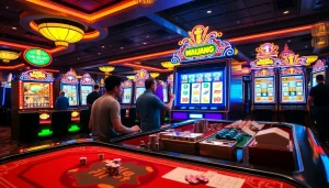 Exciting slot demo mahjong experience with players celebrating wins at a vibrant casino.