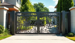 Beautifully designed custom steel gates enhance the entrance of a modern home showing craftsmanship and security.