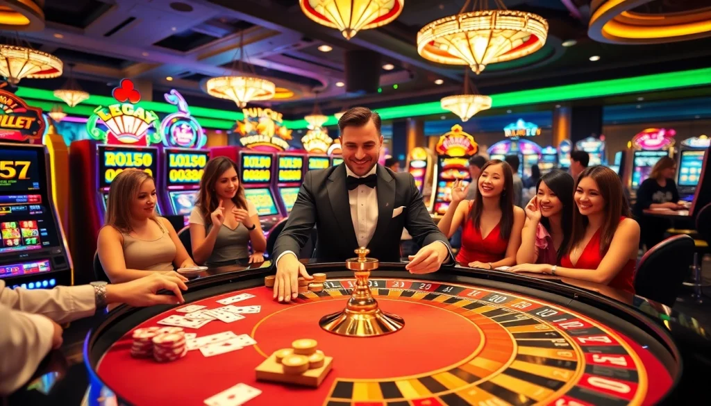 Bàn chơi LUCK8 với các người chơi đặt cược háo hức trong một cảnh casino sôi động.