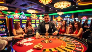 Bàn chơi LUCK8 với các người chơi đặt cược háo hức trong một cảnh casino sôi động.
