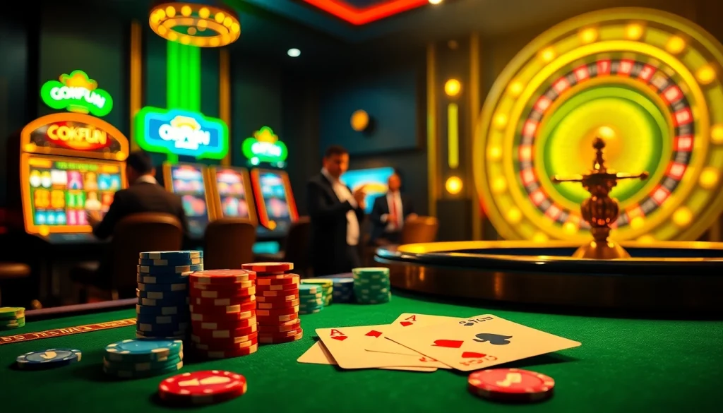 Engaging scene of Nhà cái OKFUN with players at a vibrant casino table and roulette wheel.