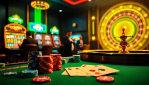 Engaging scene of Nhà cái OKFUN with players at a vibrant casino table and roulette wheel.