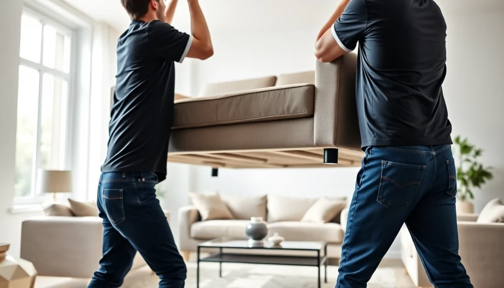 Efficient furniture movers carefully handling a stylish sofa in a modern living room