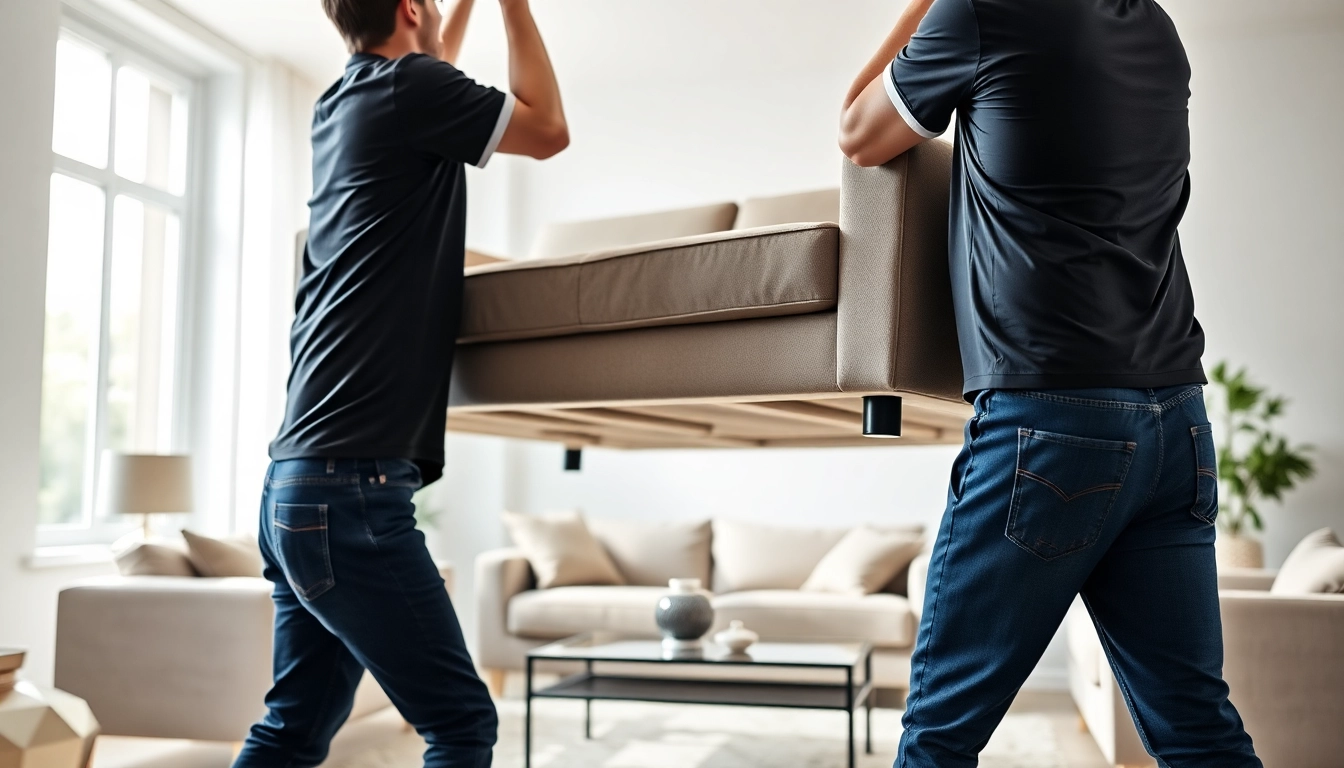 Efficient furniture movers carefully handling a stylish sofa in a modern living room