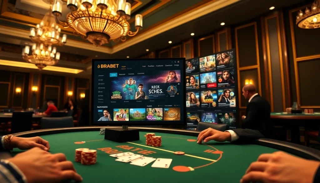 BRABET showcases high-stakes poker action in a luxurious casino setting with vibrant gaming elements.