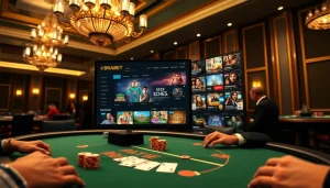 BRABET showcases high-stakes poker action in a luxurious casino setting with vibrant gaming elements.