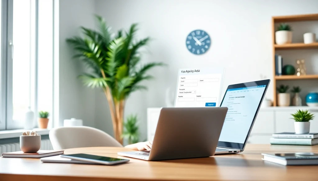 Person completing the eta application uk on a laptop in a bright home office.