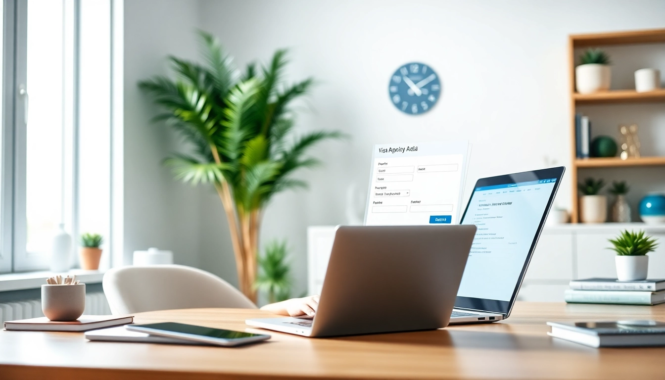 Person completing the eta application uk on a laptop in a bright home office.