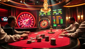 Catching the thrill of gambling at thabet.com with a poker table and roulette wheel in a luxurious casino setting.
