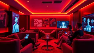 Engaging scene of users interacting with NSFW AI chatbots in a modern lounge.