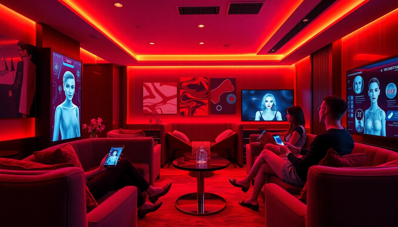 Engaging scene of users interacting with NSFW AI chatbots in a modern lounge.