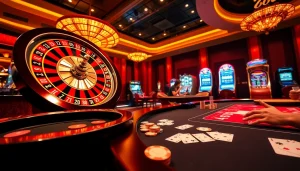 Engage in thrilling gameplay at Man88's vibrant casino, featuring roulette and poker action.