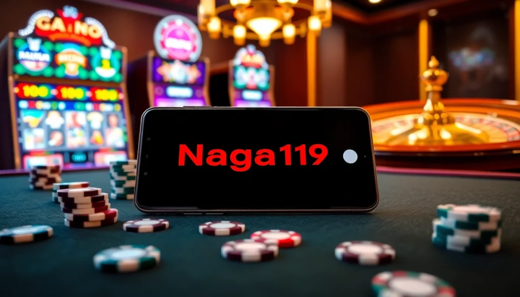 Naga169 app download on a mobile device showcased in a vibrant casino atmosphere.