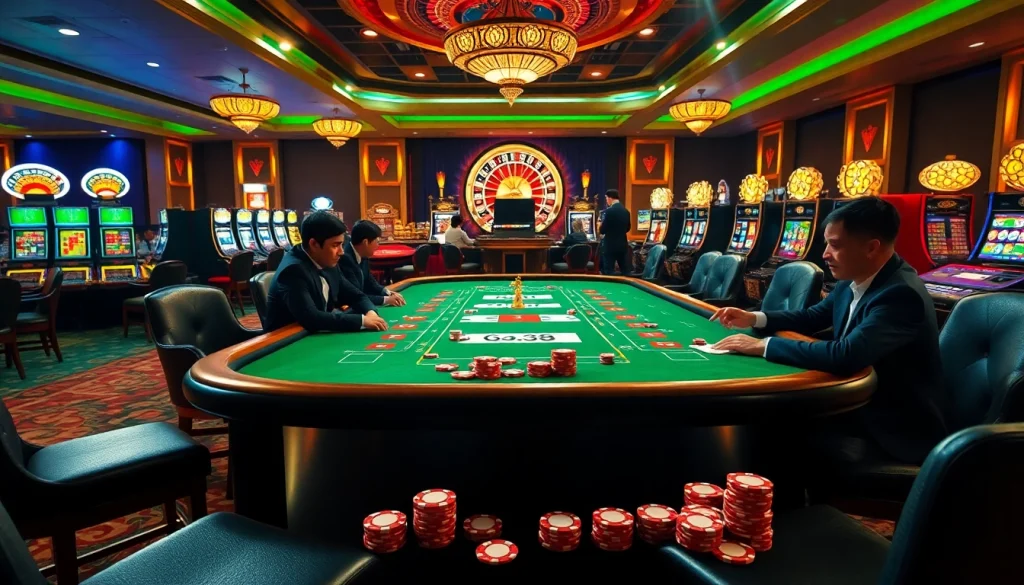 Gambling enthusiasts enjoying a high-stakes game at a casino table, celebrating GK88 strategy and excitement.