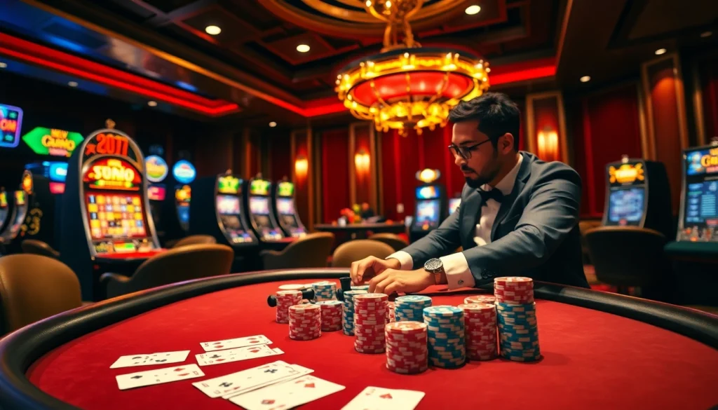 Layarkaca21 players enjoying a lively casino scene with professional dealers and vibrant slot machines.