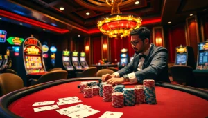 Layarkaca21 players enjoying a lively casino scene with professional dealers and vibrant slot machines.